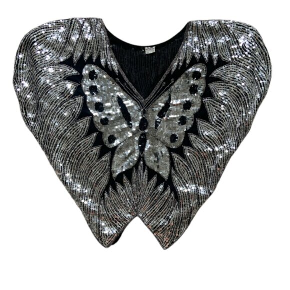 70's🦋Silk&Sequin Butterfly🦋Top - Black and Silver - Picture 5 of 7